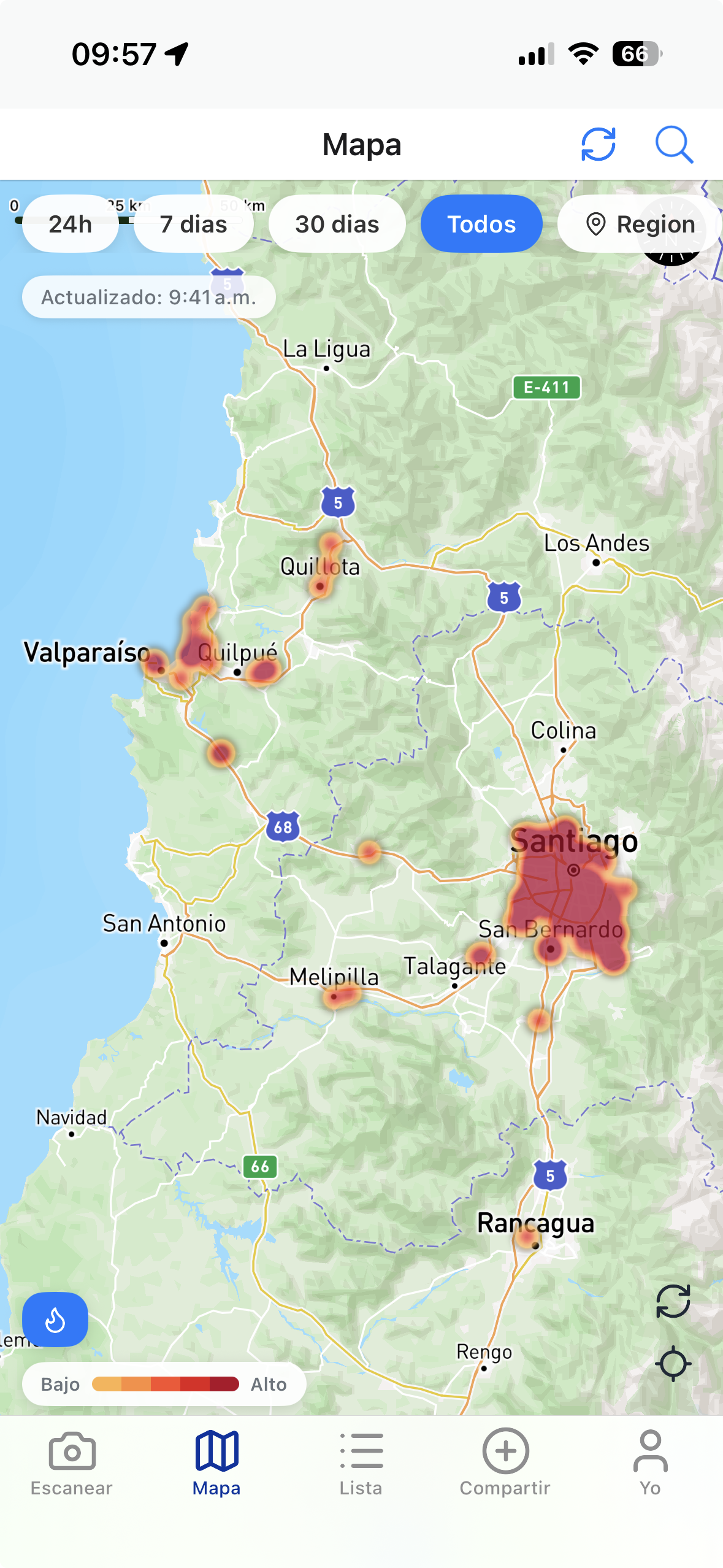 Captura de pantalla del Mapa de Zonas Calientes mostrando Santiago, Valparaiso y la region central de Chile con zonas de calor que indican concentracion de robos de vehiculos